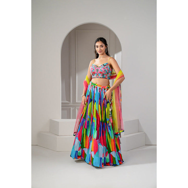 RIYAASAT Multi-Colored Soft Silk Zari Printed Lehenga with Blouse and Dupatta (Set of 3)