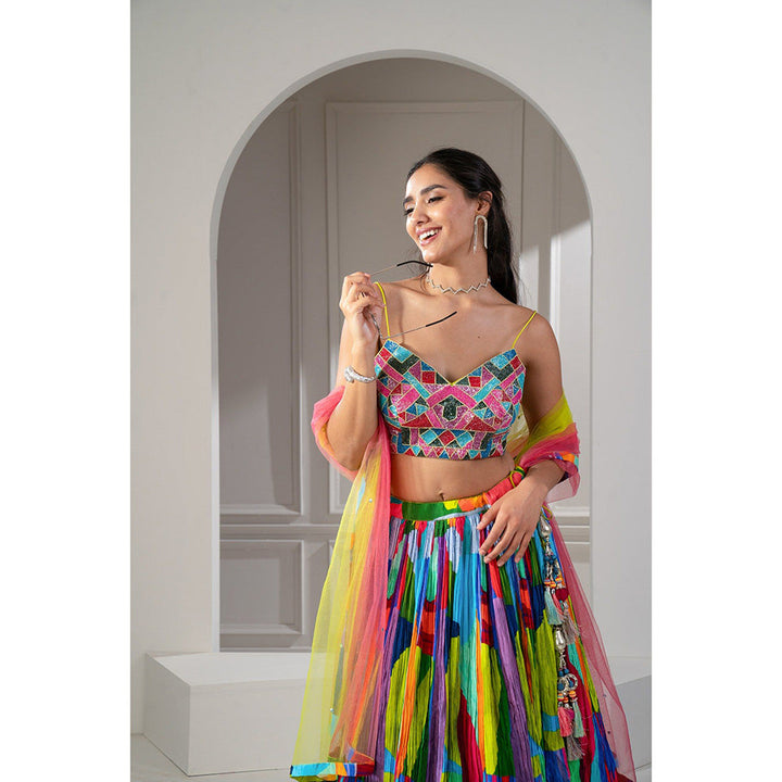 RIYAASAT Multi-Colored Soft Silk Zari Printed Lehenga with Blouse and Dupatta (Set of 3)