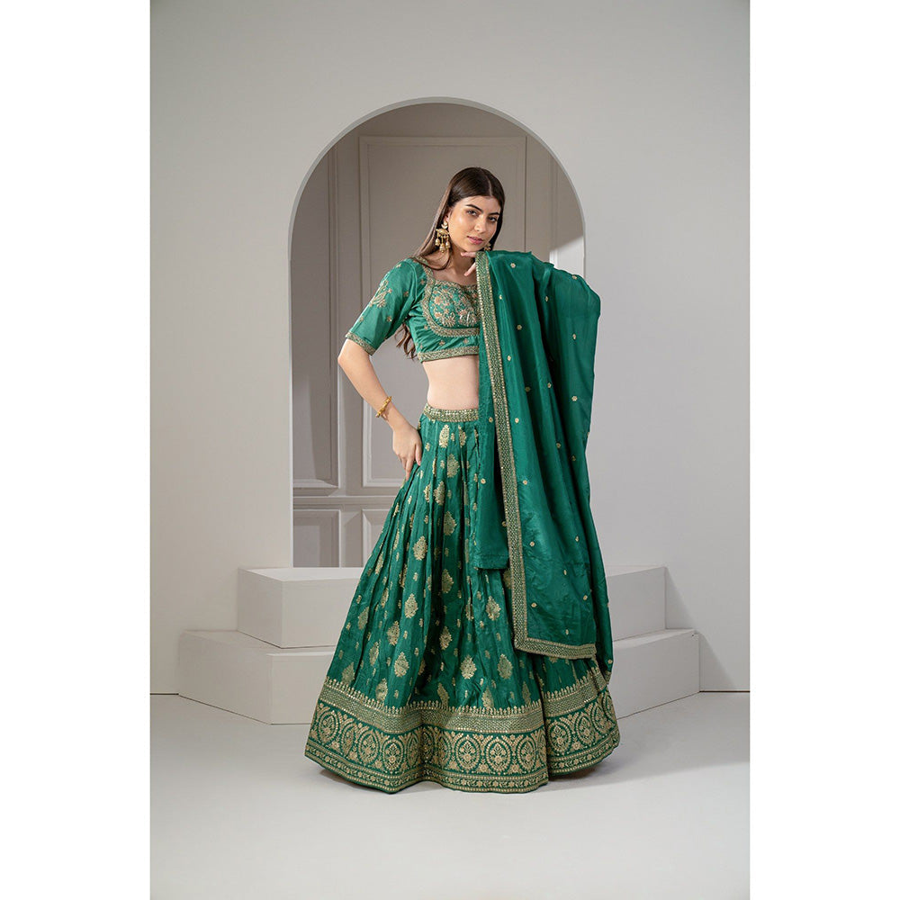 RIYAASAT Green Sequins and Zari Embroidered Lehenga with Blouse and Dupatta (Set of 3)