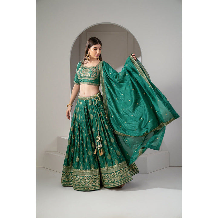 RIYAASAT Green Sequins and Zari Embroidered Lehenga with Blouse and Dupatta (Set of 3)