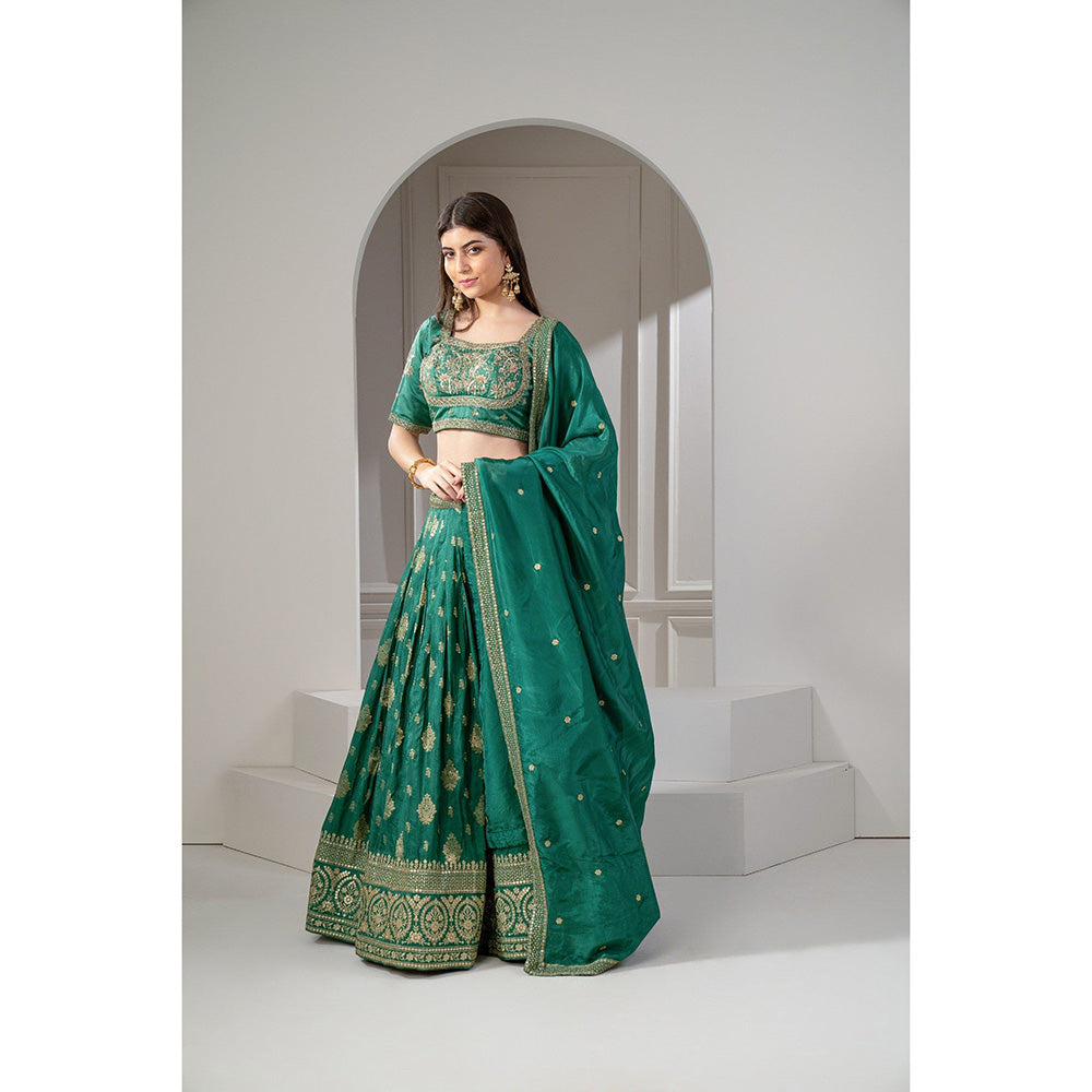 RIYAASAT Green Sequins and Zari Embroidered Lehenga with Blouse and Dupatta (Set of 3)