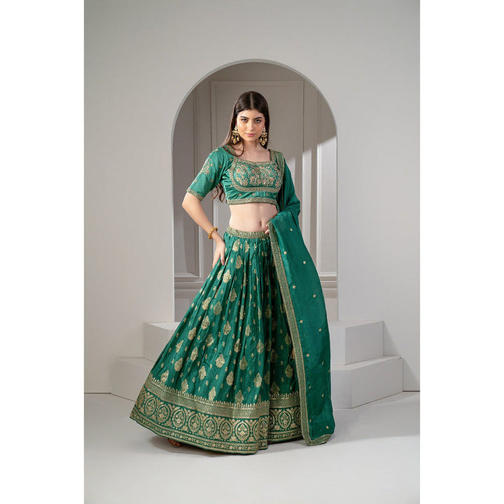 RIYAASAT Green Sequins and Zari Embroidered Lehenga with Blouse and Dupatta (Set of 3)