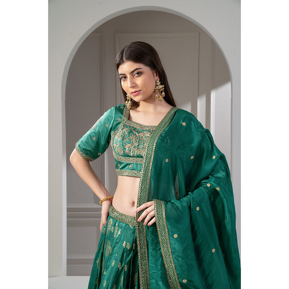 RIYAASAT Green Sequins and Zari Embroidered Lehenga with Blouse and Dupatta (Set of 3)