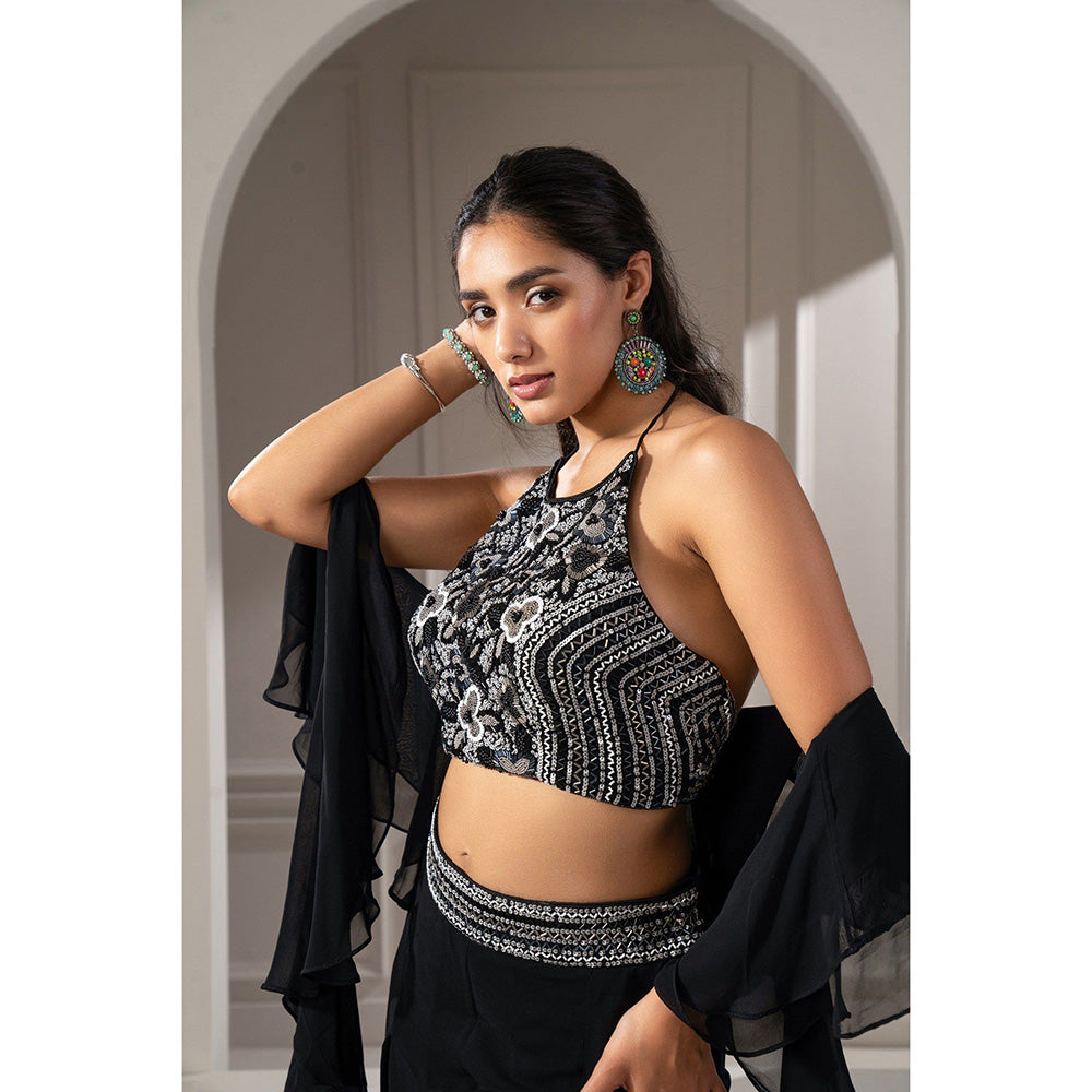 RIYAASAT Black Zari Embellished Indo Western Lehanga with Blouse and Dupatta (Set of 3)