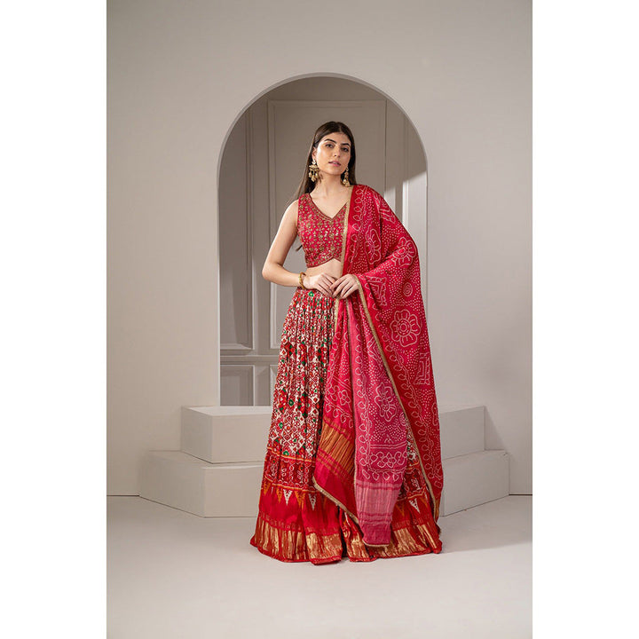 RIYAASAT Crimson Red Silk Chaniya Patola Lehenga with Blouse and Dupatta (Set of 3)