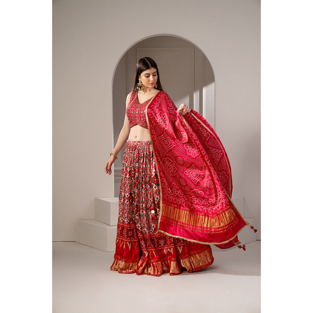 RIYAASAT Crimson Red Silk Chaniya Patola Lehenga with Blouse and Dupatta (Set of 3)