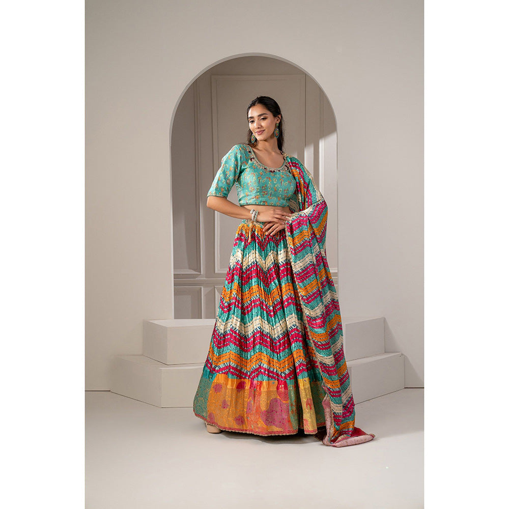 RIYAASAT Multi-Colored Sharting Silk Printed Lehenga with Blouse and Dupatta (Set of 3)