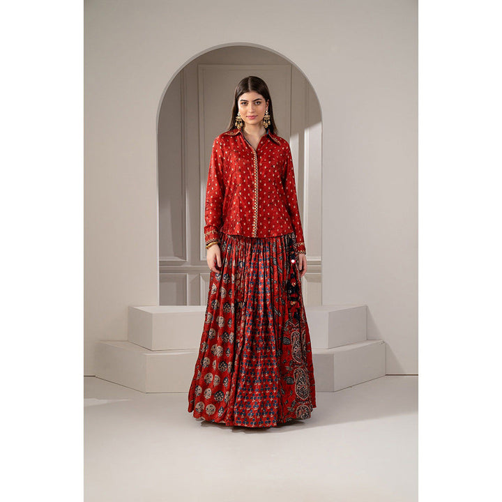 RIYAASAT Brick Red Sharting Silk Printed Indo Western Shirt and Skirt (Set of 2)