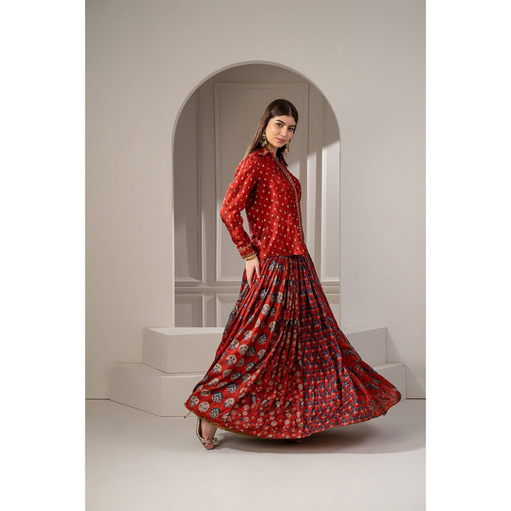 RIYAASAT Brick Red Sharting Silk Printed Indo Western Shirt and Skirt (Set of 2)