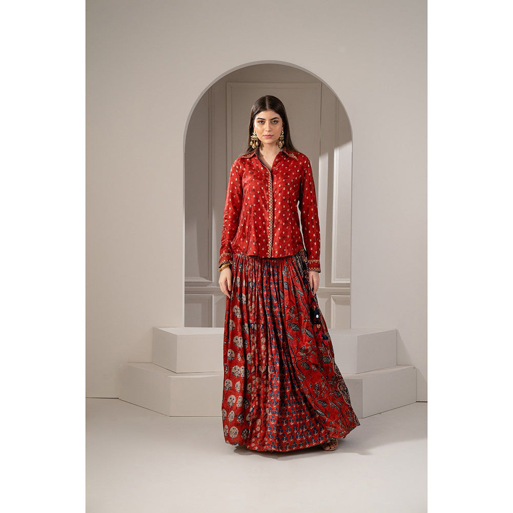 RIYAASAT Brick Red Sharting Silk Printed Indo Western Shirt and Skirt (Set of 2)