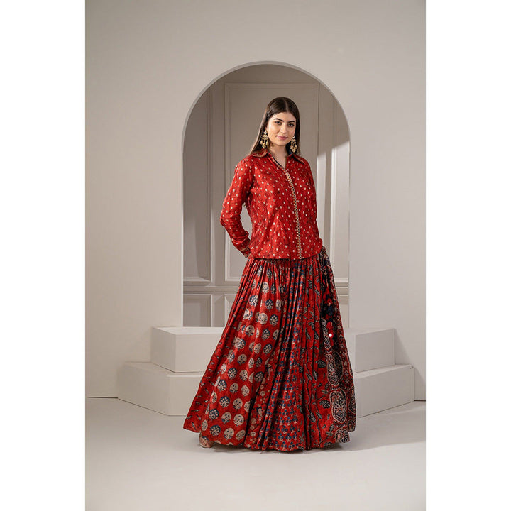 RIYAASAT Brick Red Sharting Silk Printed Indo Western Shirt and Skirt (Set of 2)