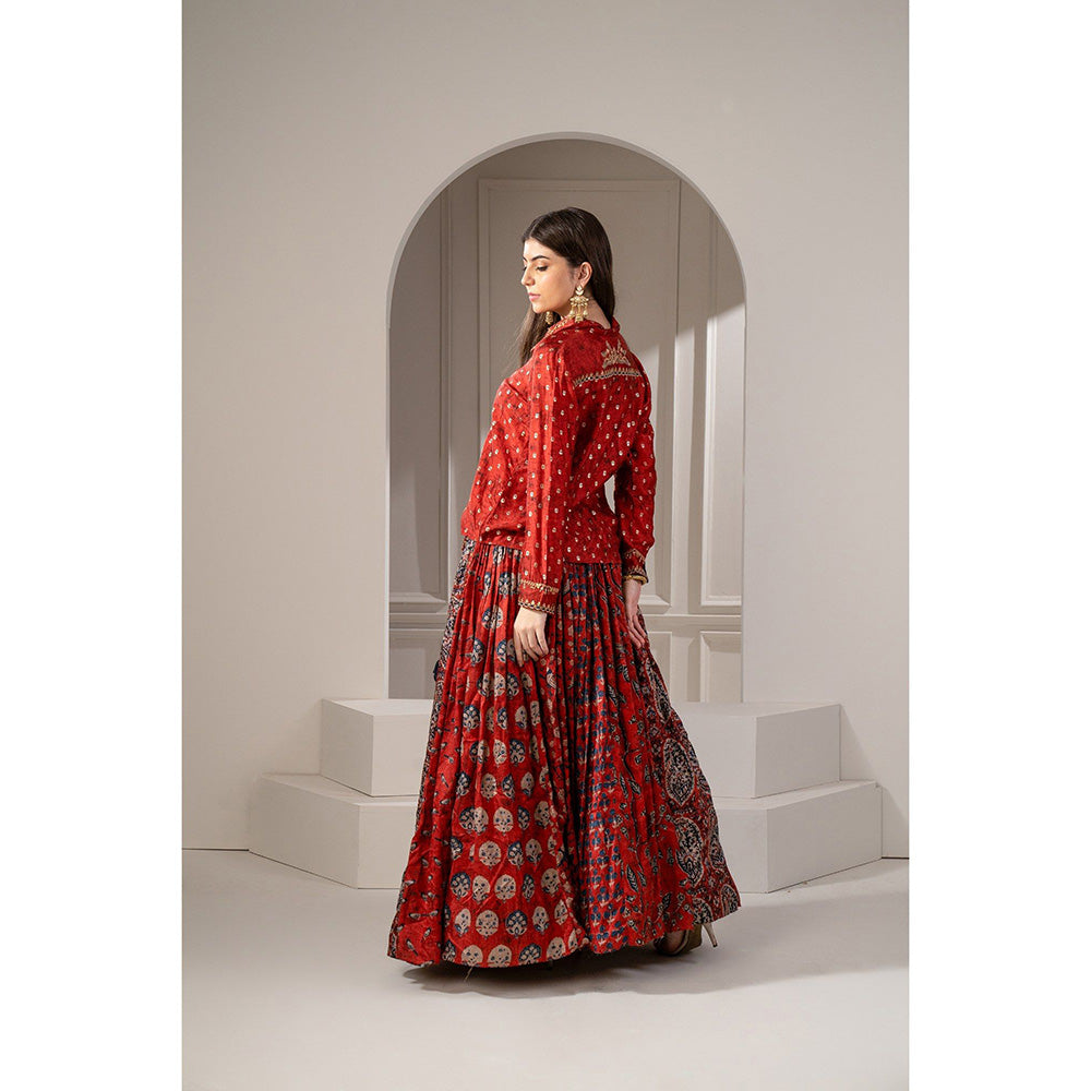 RIYAASAT Brick Red Sharting Silk Printed Indo Western Shirt and Skirt (Set of 2)