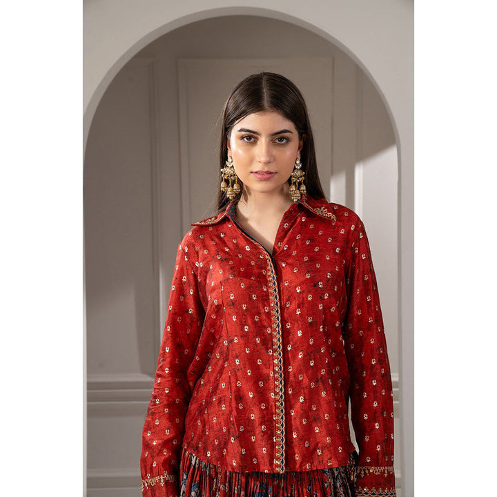 RIYAASAT Brick Red Sharting Silk Printed Indo Western Shirt and Skirt (Set of 2)