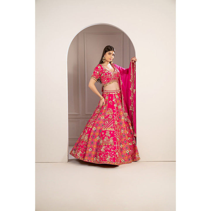 RIYAASAT Hot Pink Raw Silk Hand Embroidered Lehenga with Blouse and Dupatta (Set of 3)