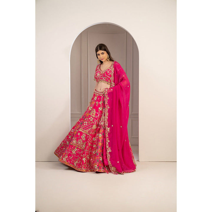 RIYAASAT Hot Pink Raw Silk Hand Embroidered Lehenga with Blouse and Dupatta (Set of 3)