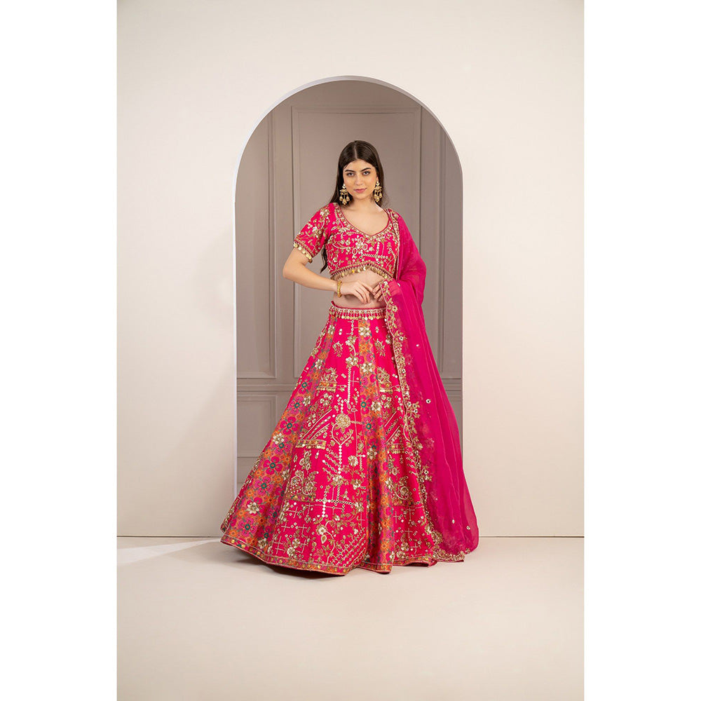 RIYAASAT Hot Pink Raw Silk Hand Embroidered Lehenga with Blouse and Dupatta (Set of 3)