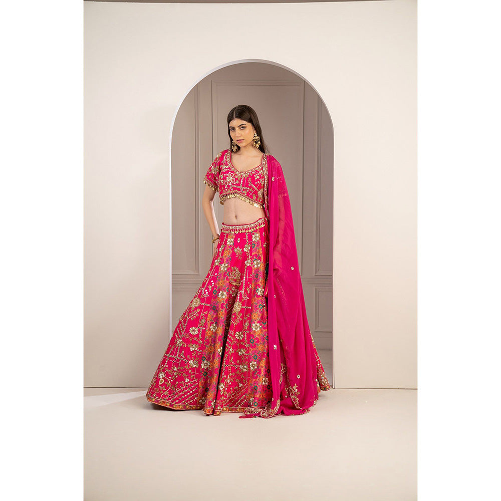 RIYAASAT Hot Pink Raw Silk Hand Embroidered Lehenga with Blouse and Dupatta (Set of 3)