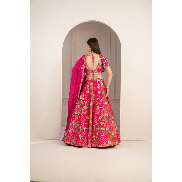 RIYAASAT Hot Pink Raw Silk Hand Embroidered Lehenga with Blouse and Dupatta (Set of 3)