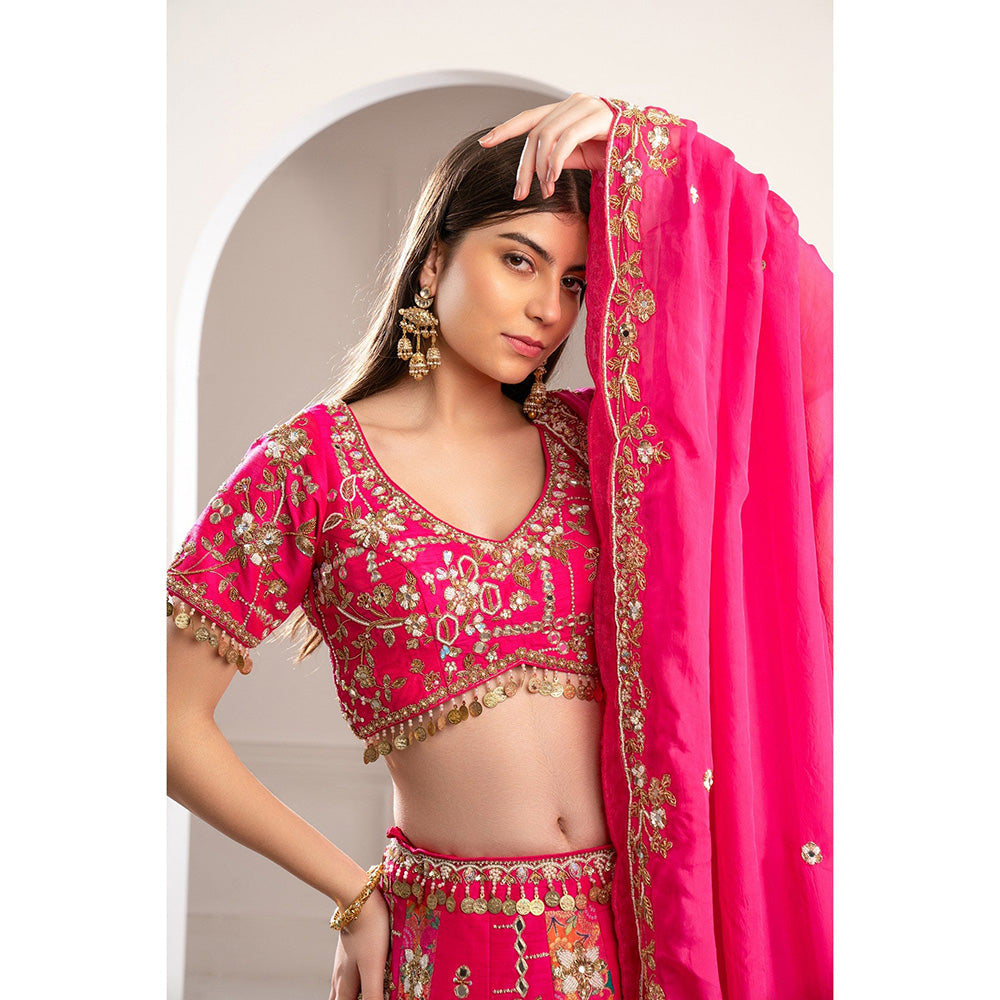 RIYAASAT Hot Pink Raw Silk Hand Embroidered Lehenga with Blouse and Dupatta (Set of 3)