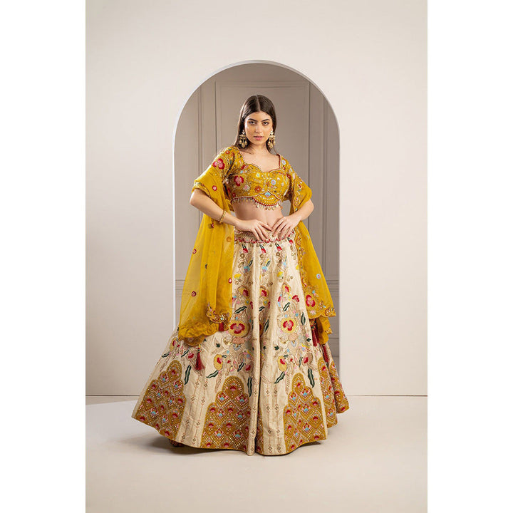 RIYAASAT Yellow Heavily Embroidered Raw Silk Lehenga with Blouse and Dupatta (Set of 3)