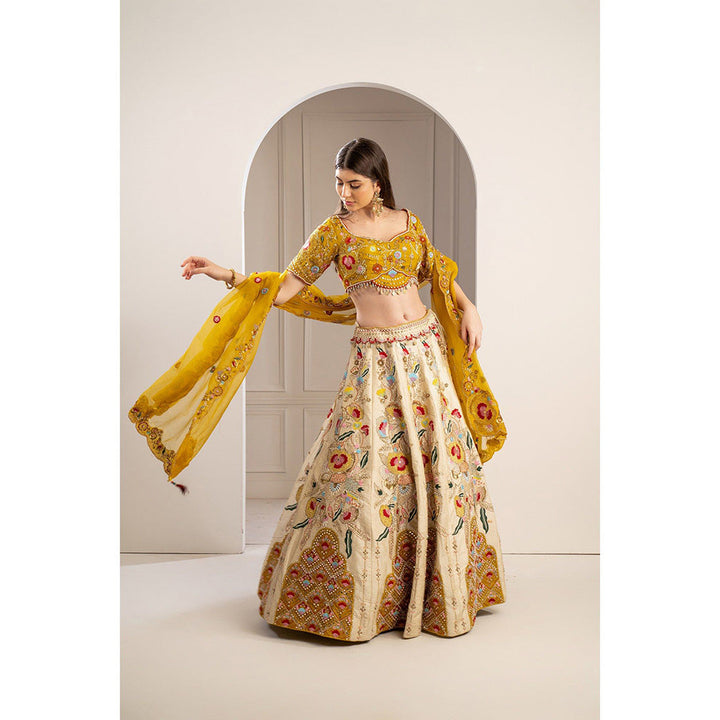 RIYAASAT Yellow Heavily Embroidered Raw Silk Lehenga with Blouse and Dupatta (Set of 3)