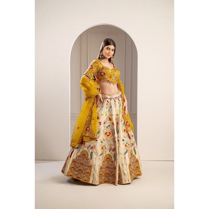 RIYAASAT Yellow Heavily Embroidered Raw Silk Lehenga with Blouse and Dupatta (Set of 3)