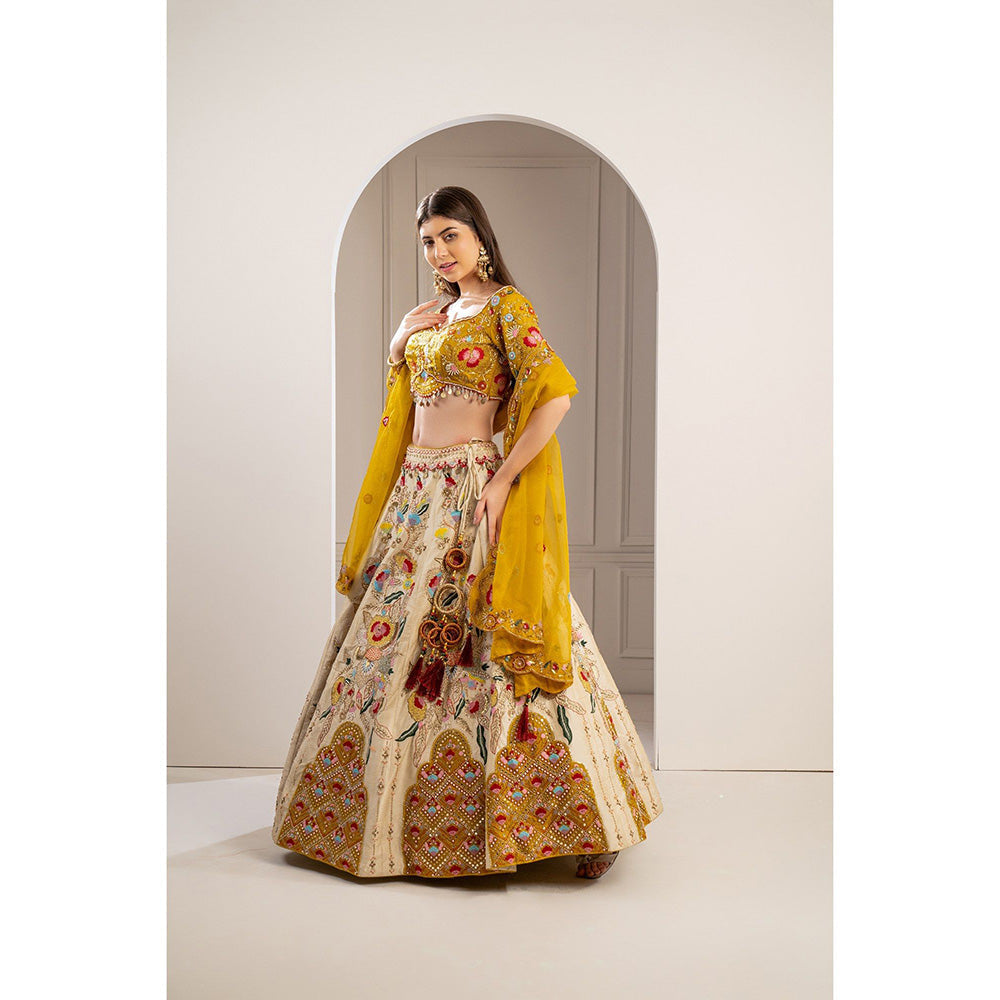 RIYAASAT Yellow Heavily Embroidered Raw Silk Lehenga with Blouse and Dupatta (Set of 3)