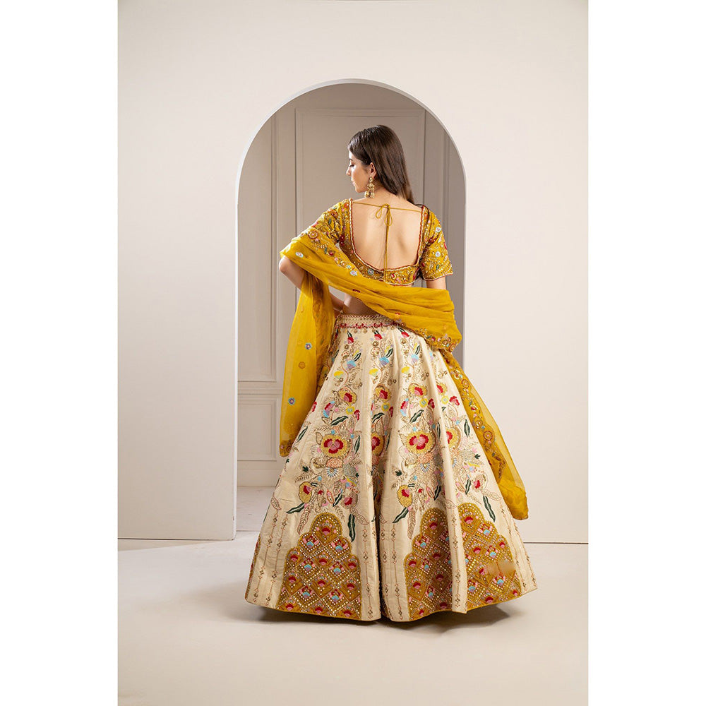 RIYAASAT Yellow Heavily Embroidered Raw Silk Lehenga with Blouse and Dupatta (Set of 3)