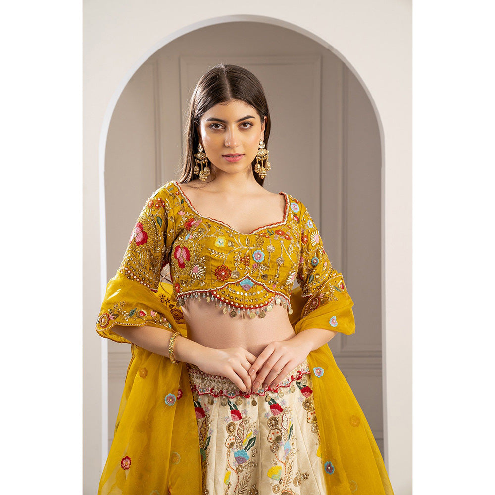 RIYAASAT Yellow Heavily Embroidered Raw Silk Lehenga with Blouse and Dupatta (Set of 3)