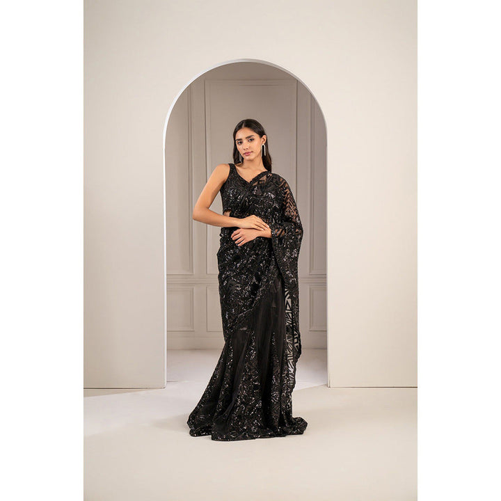 RIYAASAT Charcoal Black Organza Net Cocktail Saree with Stitched Blouse