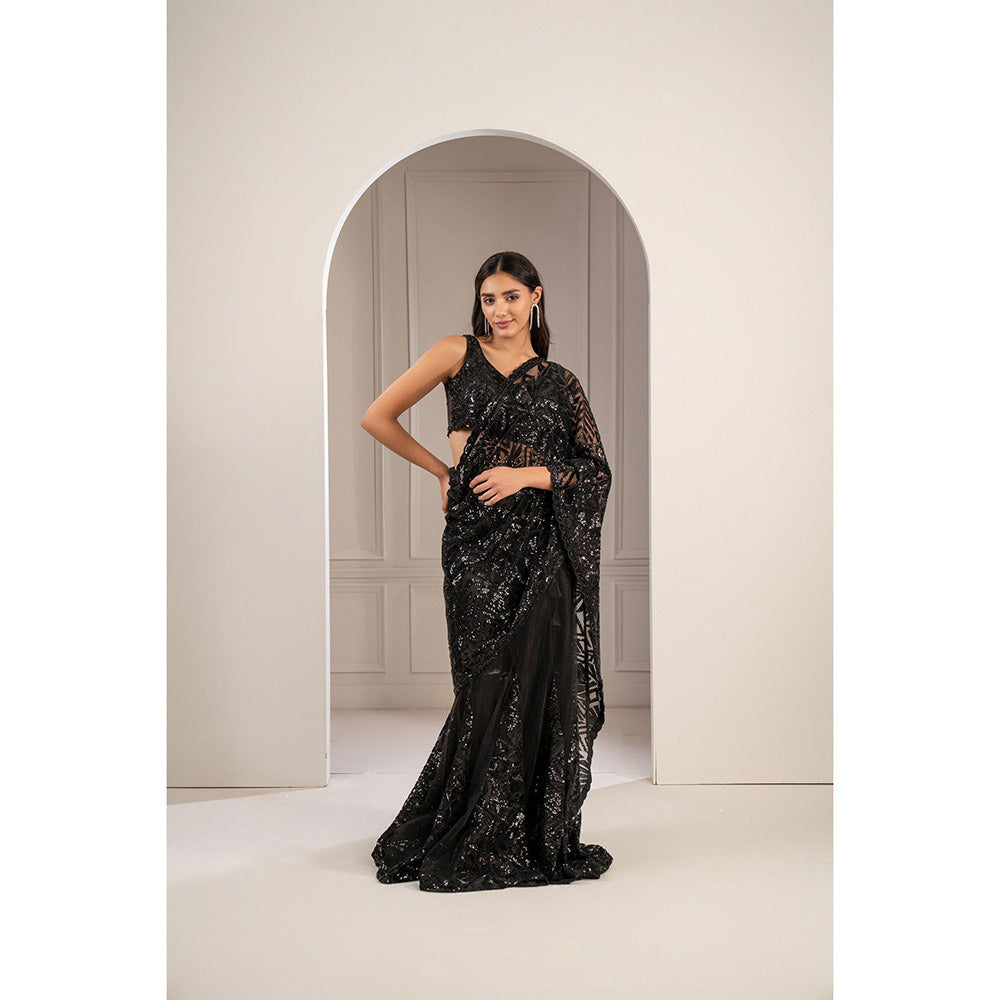 RIYAASAT Charcoal Black Organza Net Cocktail Saree with Stitched Blouse