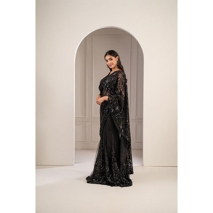 RIYAASAT Charcoal Black Organza Net Cocktail Saree with Stitched Blouse