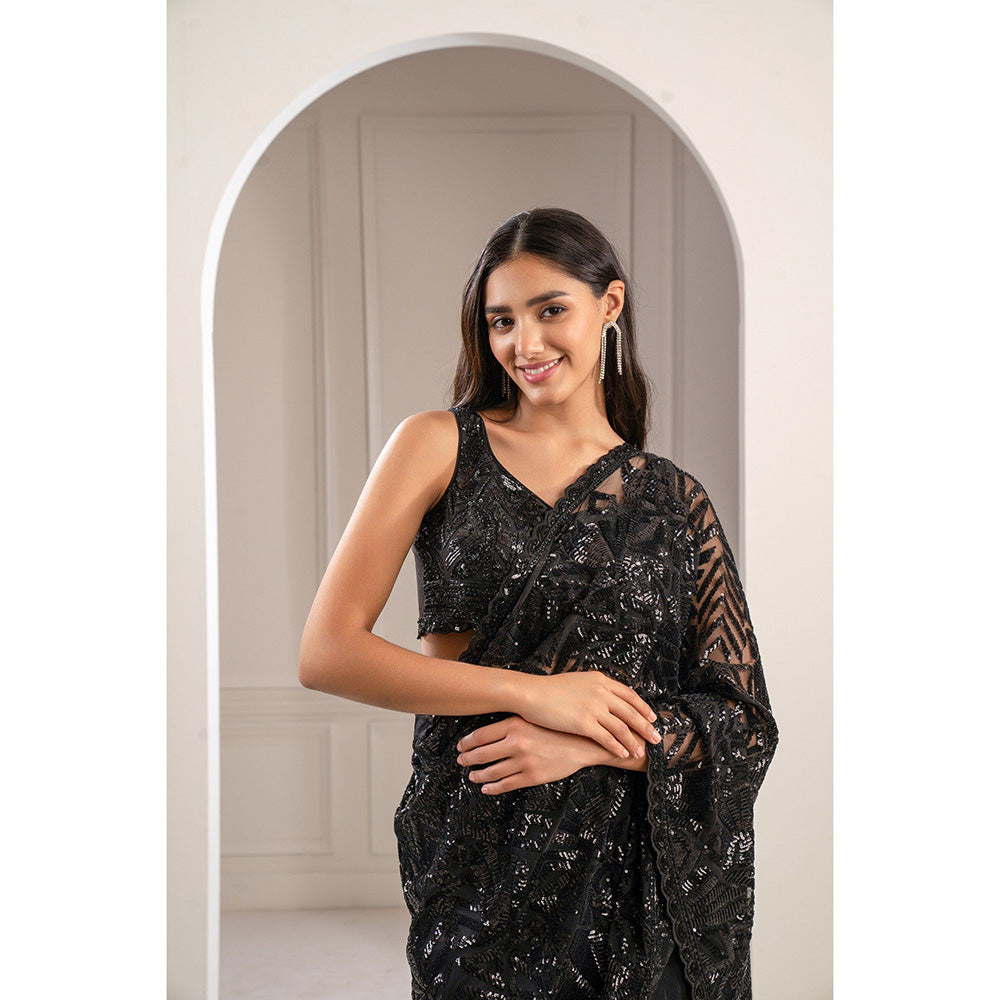 RIYAASAT Charcoal Black Organza Net Cocktail Saree with Stitched Blouse