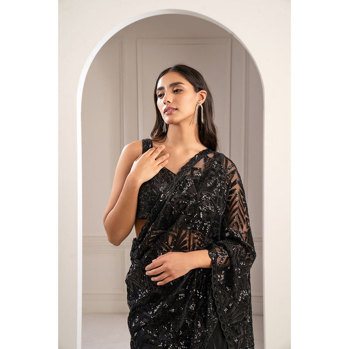 RIYAASAT Charcoal Black Organza Net Cocktail Saree with Stitched Blouse