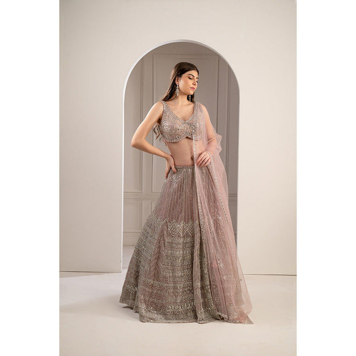 RIYAASAT Peach Rose Heavily Embroidered Net Lehenga with Blouse and Dupatta (Set of 3)