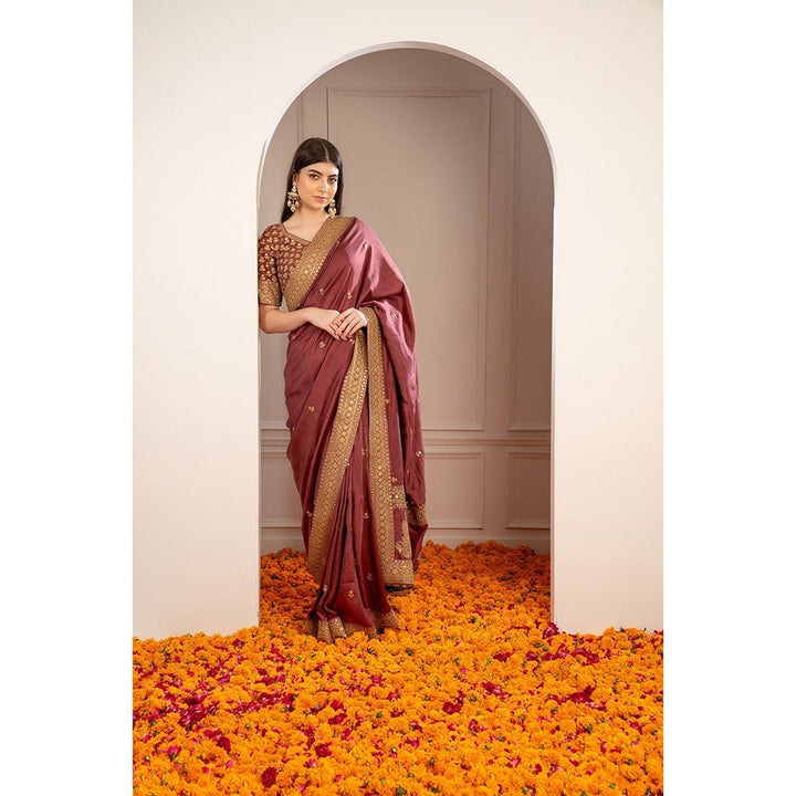 RIYAASAT Brick Red Soft Silk Pita Work Saree with Stitched Blouse