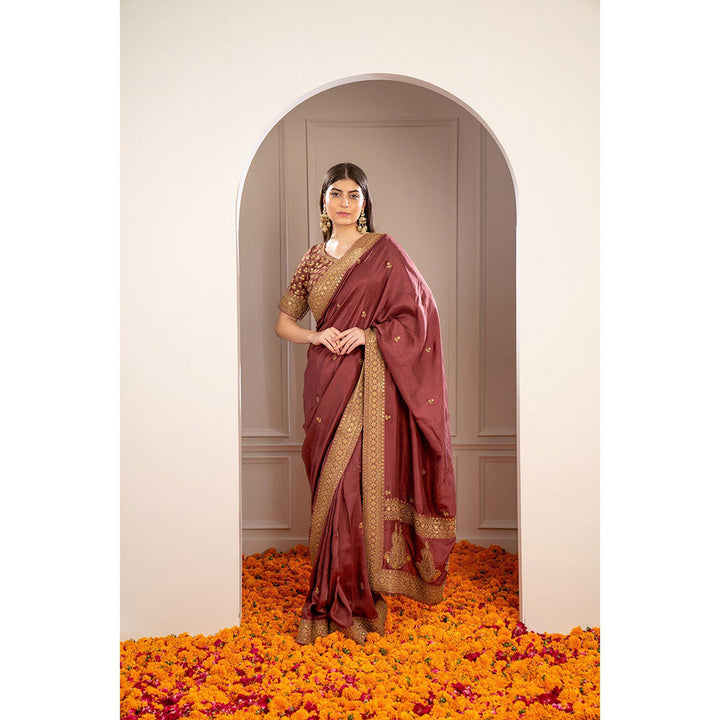 RIYAASAT Brick Red Soft Silk Pita Work Saree with Stitched Blouse