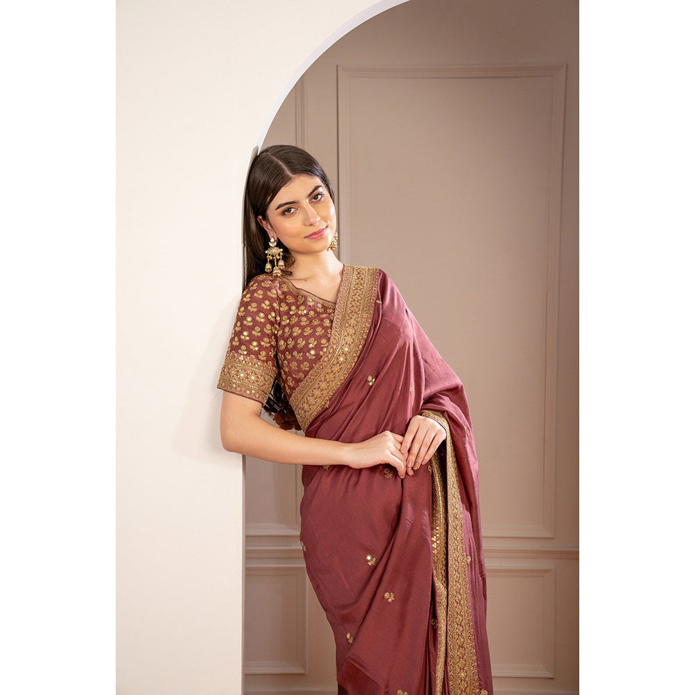 RIYAASAT Brick Red Soft Silk Pita Work Saree with Stitched Blouse