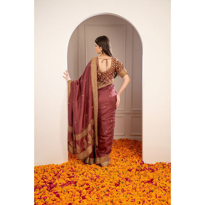 RIYAASAT Brick Red Soft Silk Pita Work Saree with Stitched Blouse