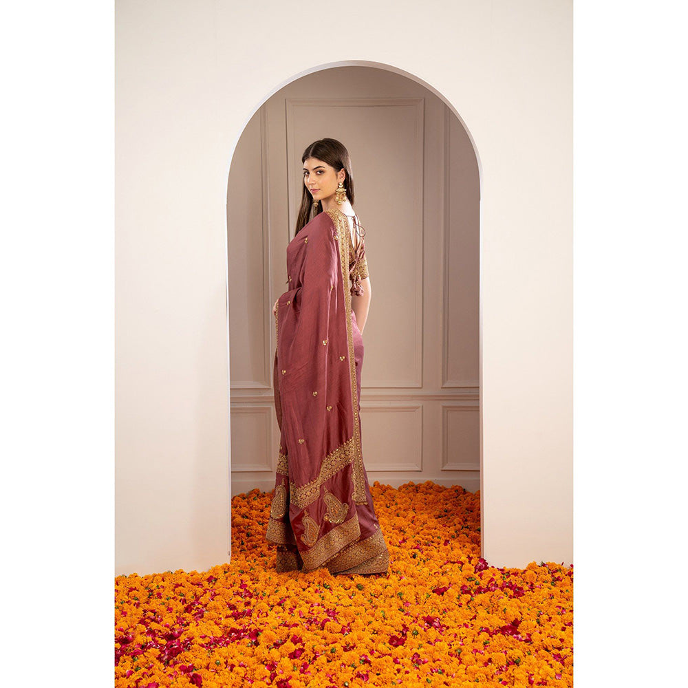 RIYAASAT Brick Red Soft Silk Pita Work Saree with Stitched Blouse