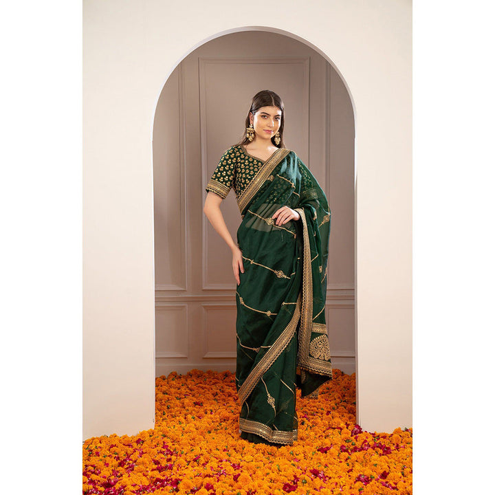 RIYAASAT Pine Green Semi Silk Pita Work Saree with Stitched Blouse