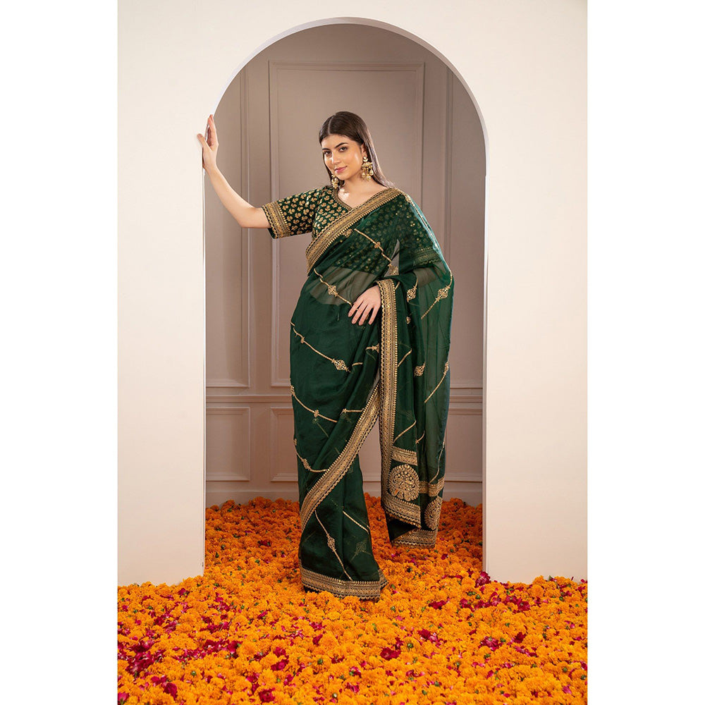 RIYAASAT Pine Green Semi Silk Pita Work Saree with Stitched Blouse