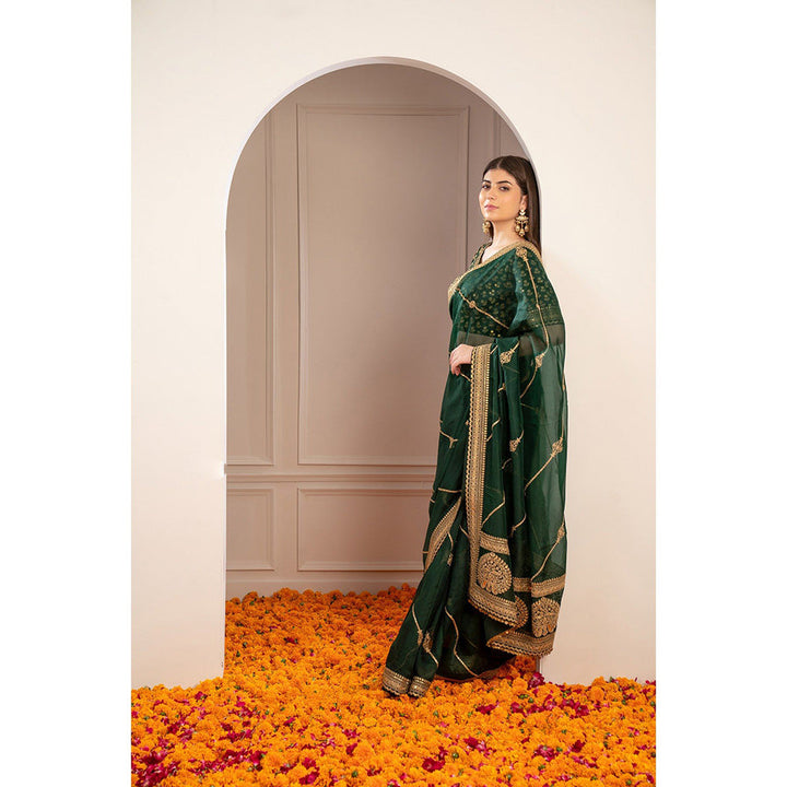 RIYAASAT Pine Green Semi Silk Pita Work Saree with Stitched Blouse