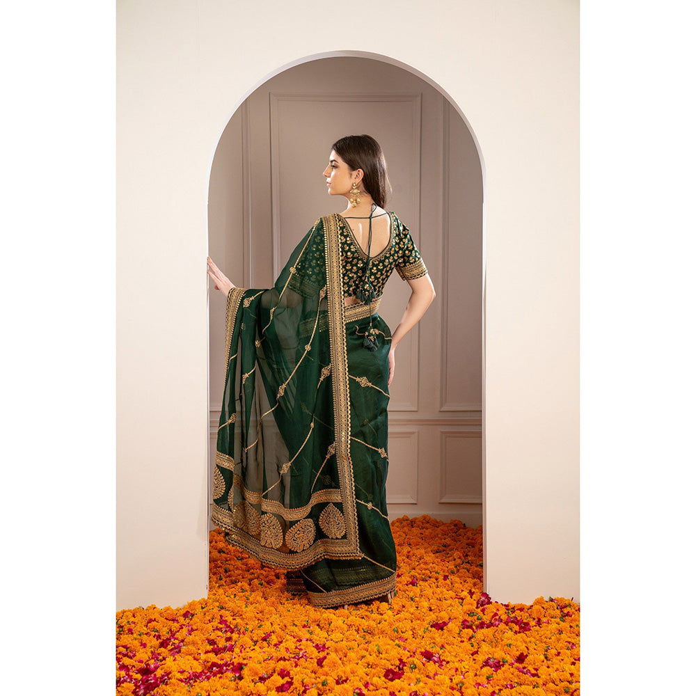 RIYAASAT Pine Green Semi Silk Pita Work Saree with Stitched Blouse