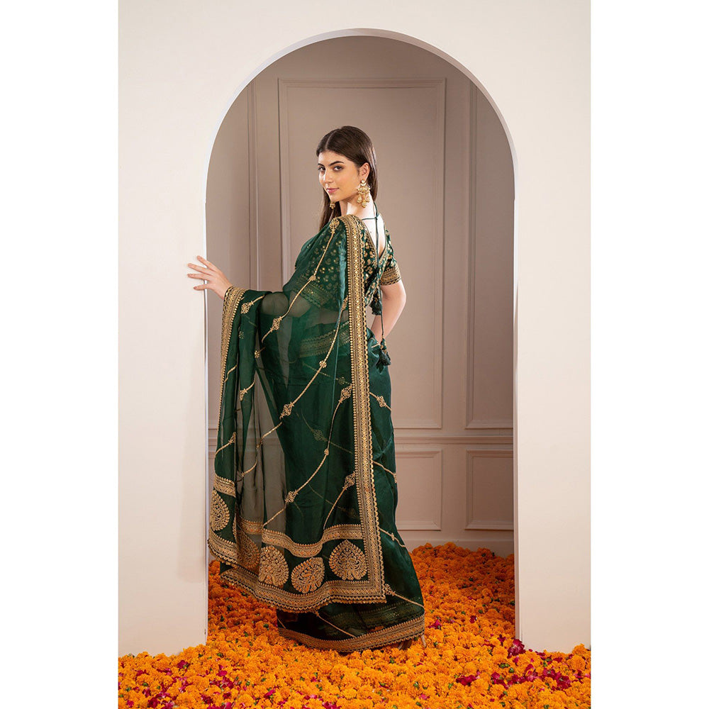 RIYAASAT Pine Green Semi Silk Pita Work Saree with Stitched Blouse