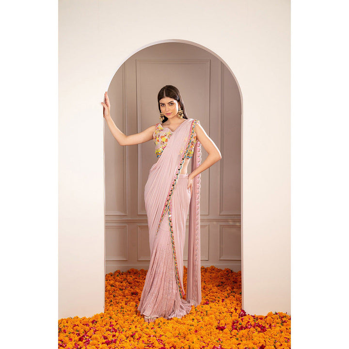 RIYAASAT Melon Peach Mirror Embellished Drape Sharara Saree with Stitched Blouse