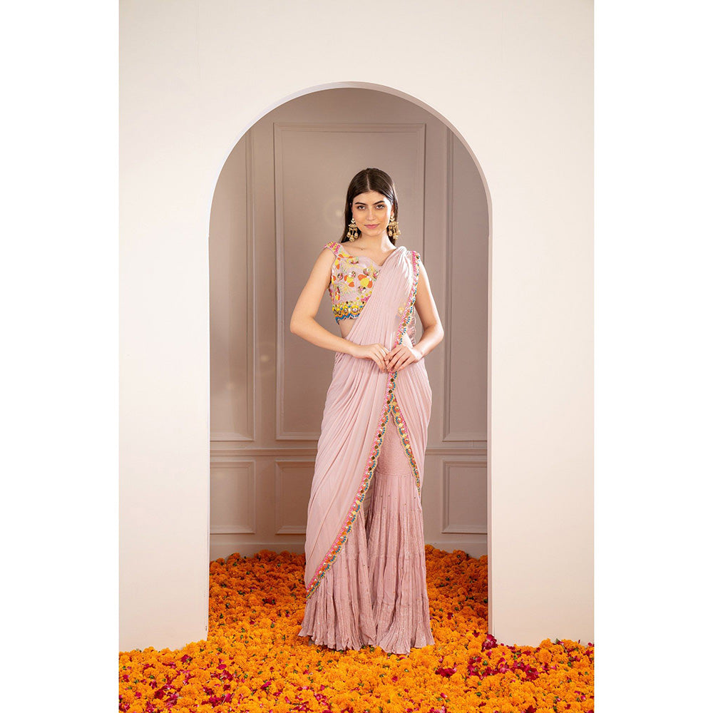 RIYAASAT Melon Peach Mirror Embellished Drape Sharara Saree with Stitched Blouse