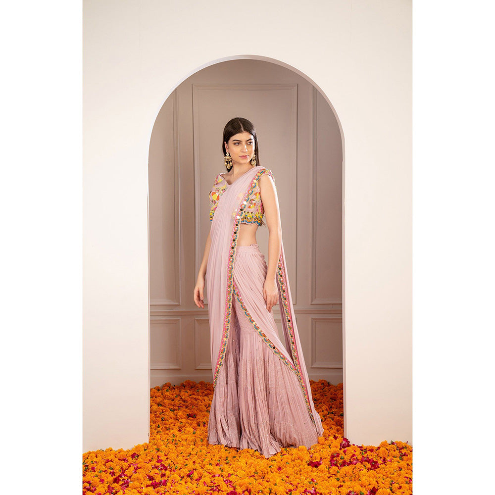 RIYAASAT Melon Peach Mirror Embellished Drape Sharara Saree with Stitched Blouse