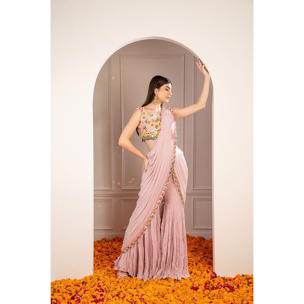 RIYAASAT Melon Peach Mirror Embellished Drape Sharara Saree with Stitched Blouse