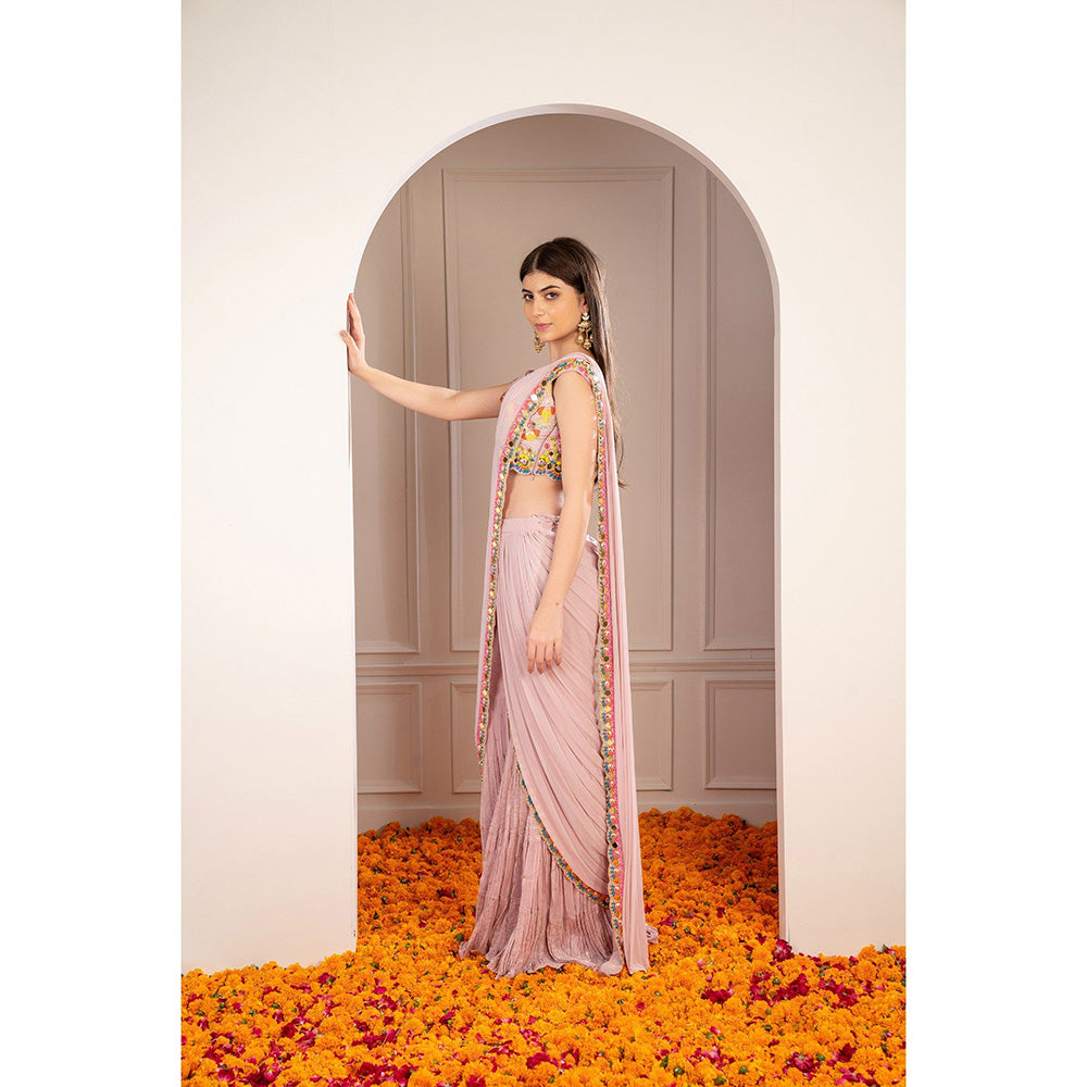 RIYAASAT Melon Peach Mirror Embellished Drape Sharara Saree with Stitched Blouse